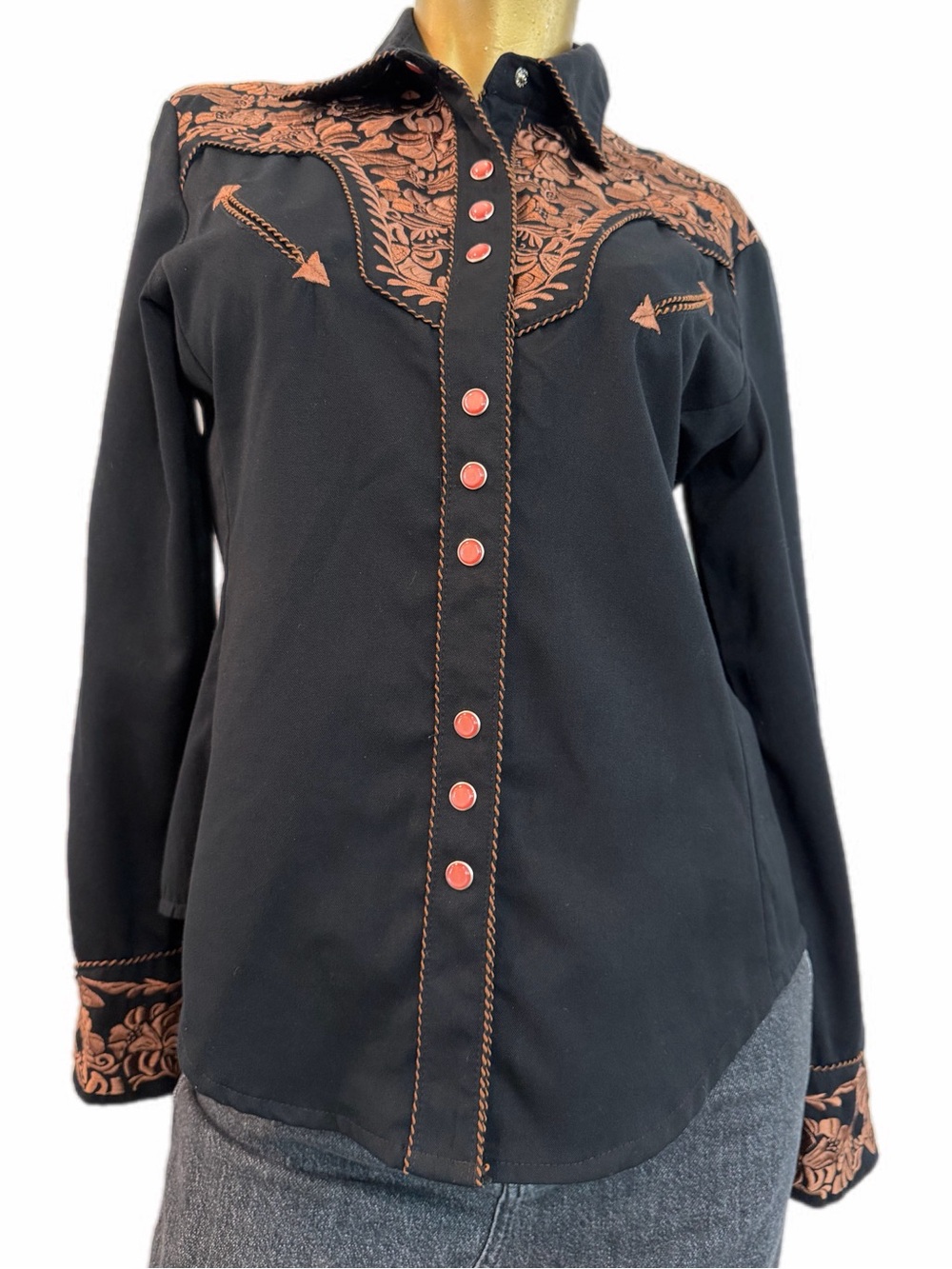 Scully embroidered floral shirt size S poly/rayon